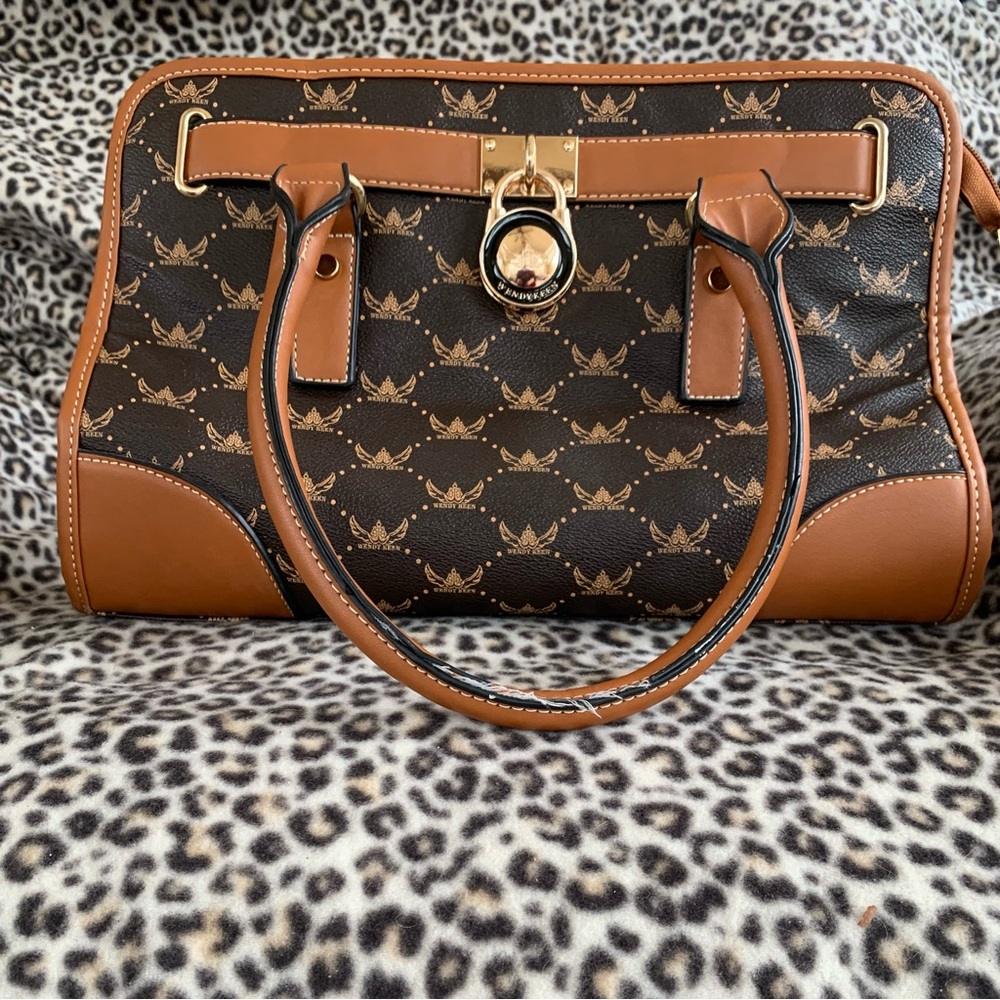 Brown and Tan Monogram Satchel Handbag with Gold Accent